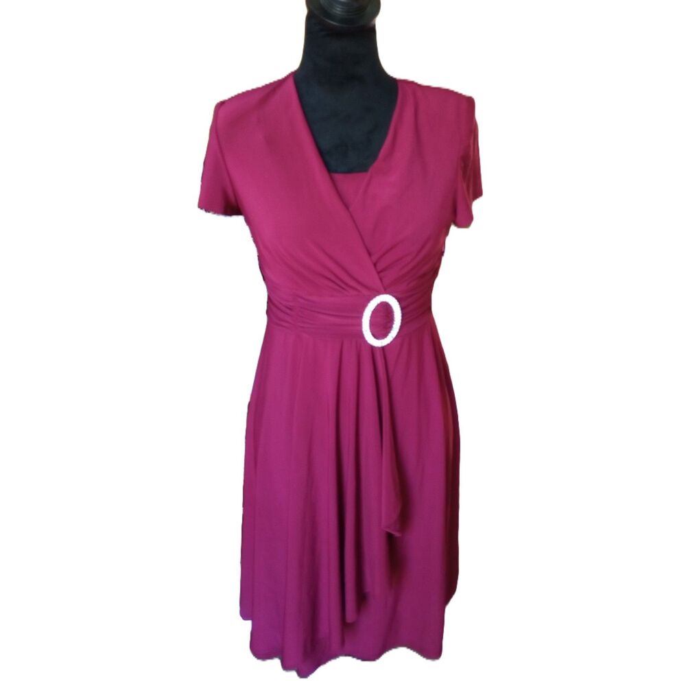 R&M Richards Women's 4P Wine Faux Wrap Mini Dress With Rhinestone Buckle, NWT